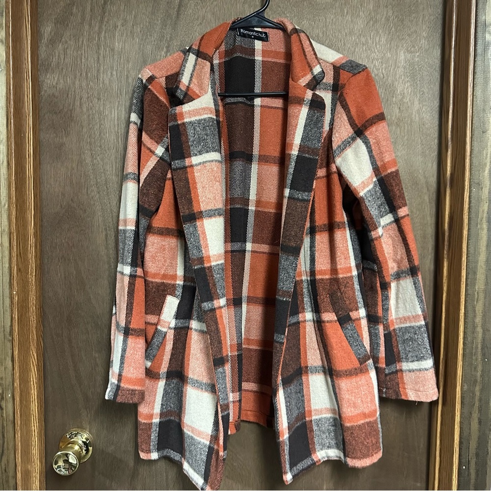 Romantic Soul Women's Orange Plaid Open-Front Coatigan